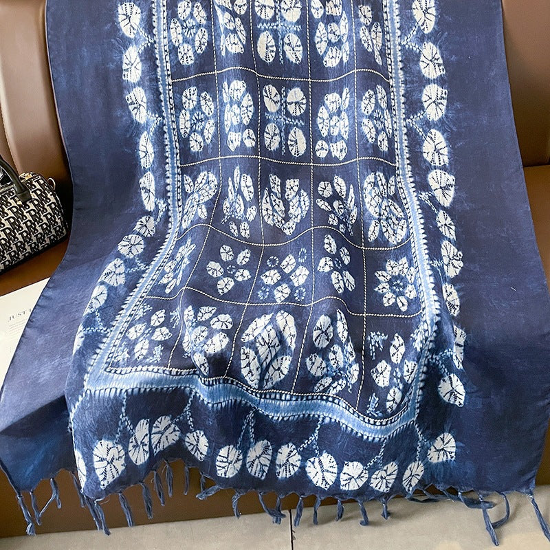Ethnic Tie-Dye Style Buckle Women's Travel Sun Protection Yunnan Blue and White Literature Art Chinese Big Size Scarf / Hijab