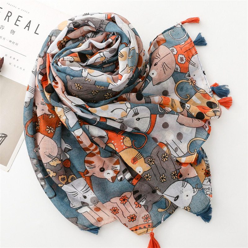 Colorful Cat Printed Soft Long Summer Friendly Tassel Hijab / Orna