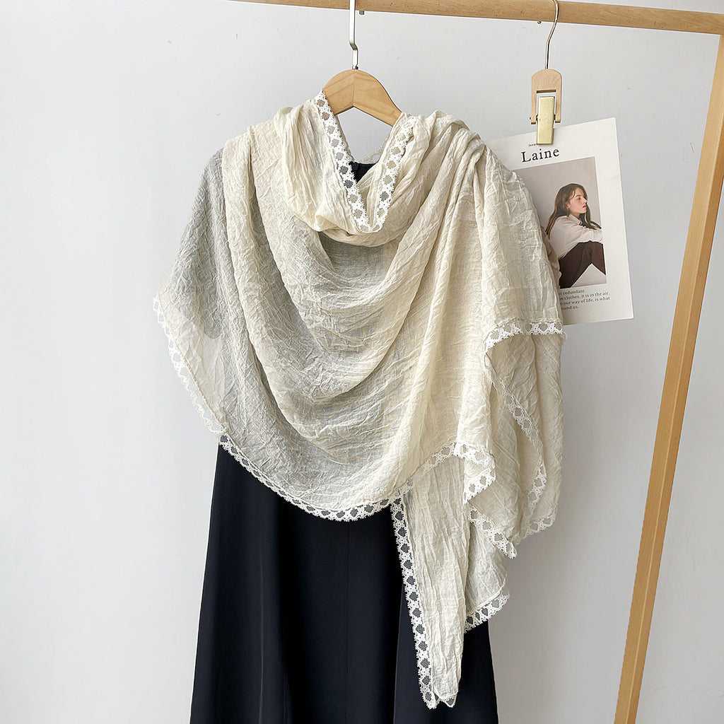 Sophisticated Off White Versatile Artistic Lace Edged Imported Premium Summer Friendly Cotton Hijab / Orna