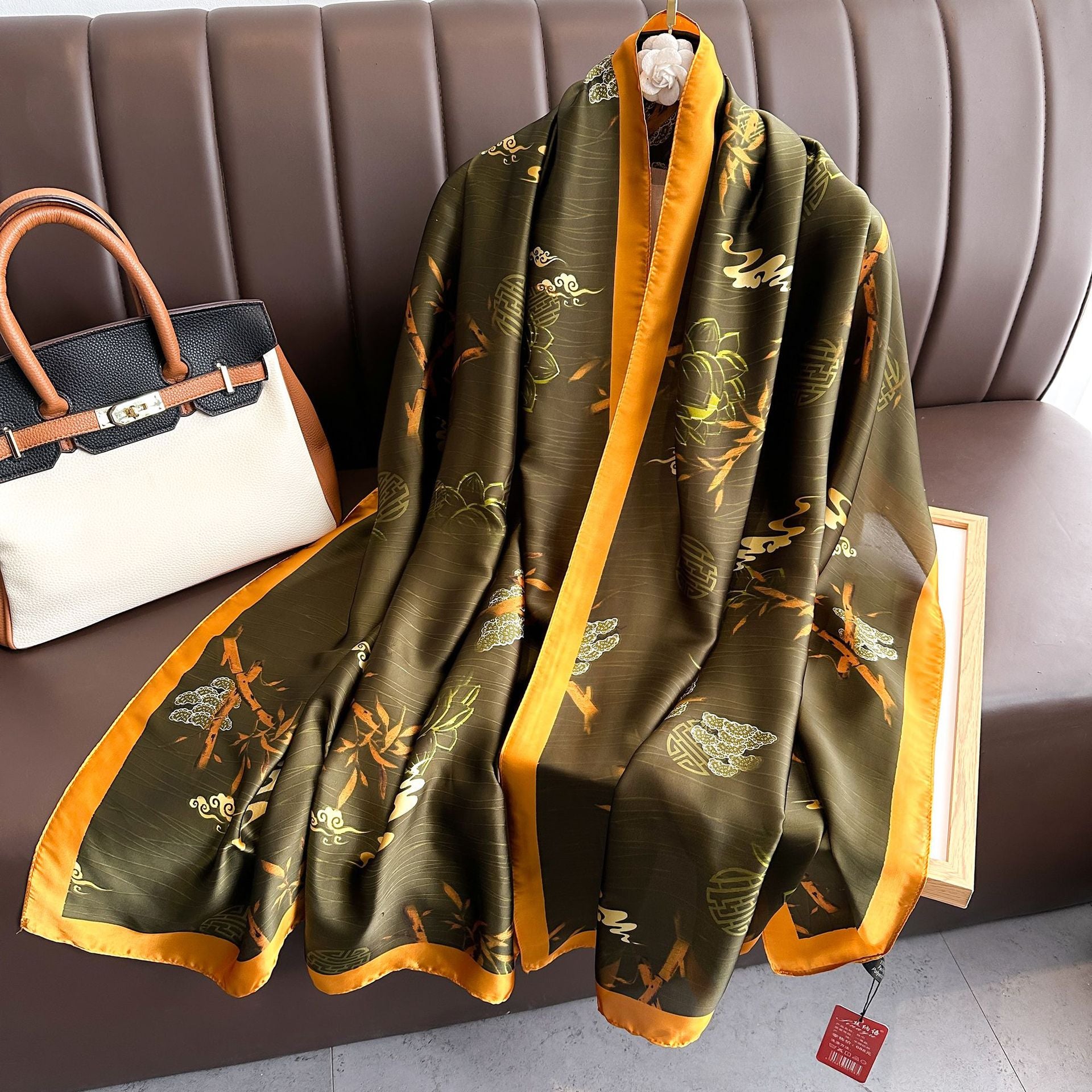Elegant floral printed olive color silk hijab / orna