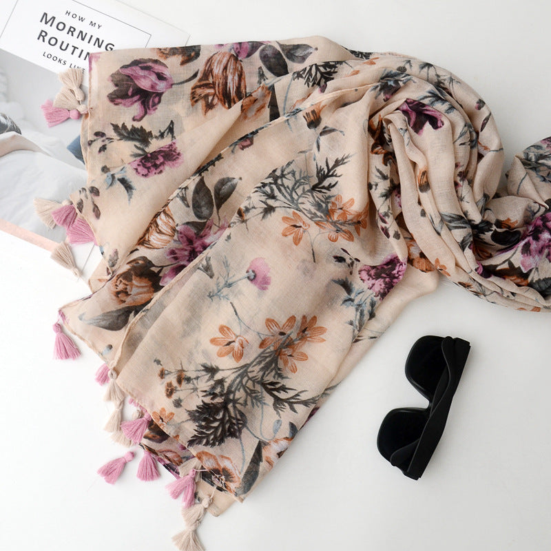 Sophisticated Ivory Color Floral Printed Imported Summer Friendly Long Tassel Hijab / Orna