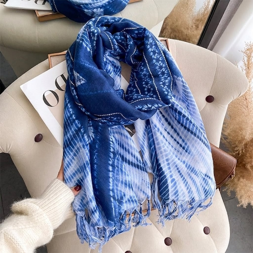 Ethnic Tie-Dye Style Buckle Women's Travel Sun Protection Yunnan Blue and White Literature Art Chinese Big Size Scarf / Hijab