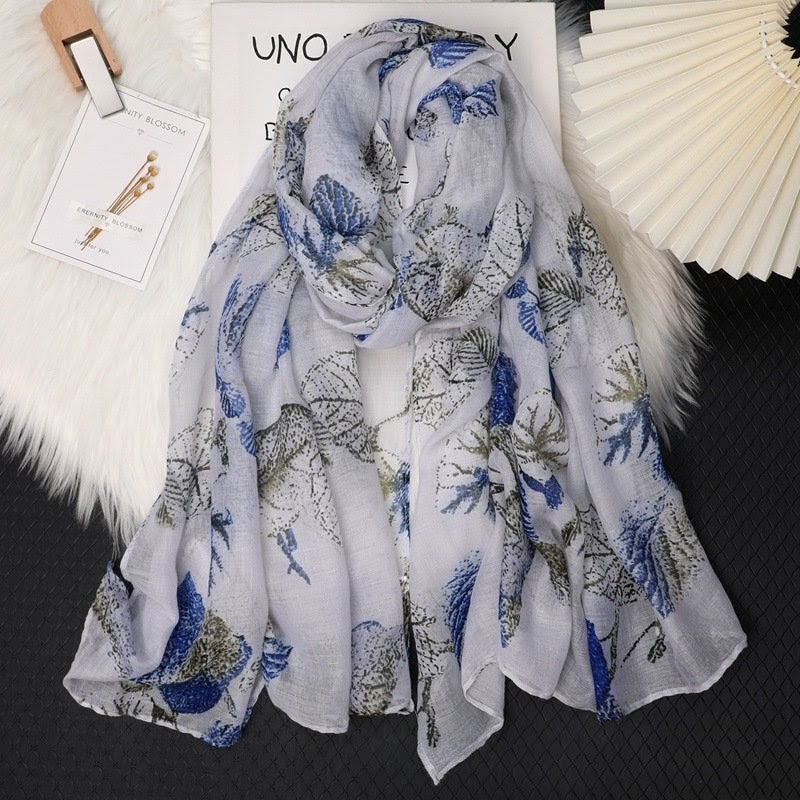 Light Blue Color Flower Printed Soft Long Hijab