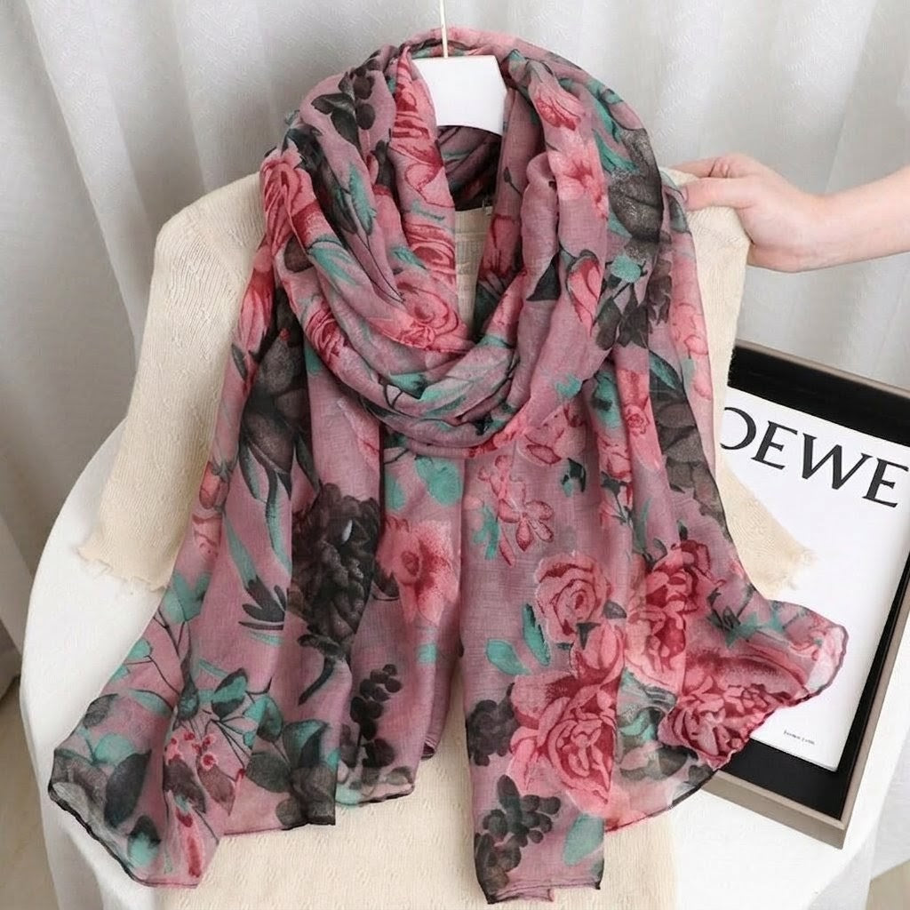 Pretty Pink Floral Patterned Soft Lightweight Long Hijab / Orna