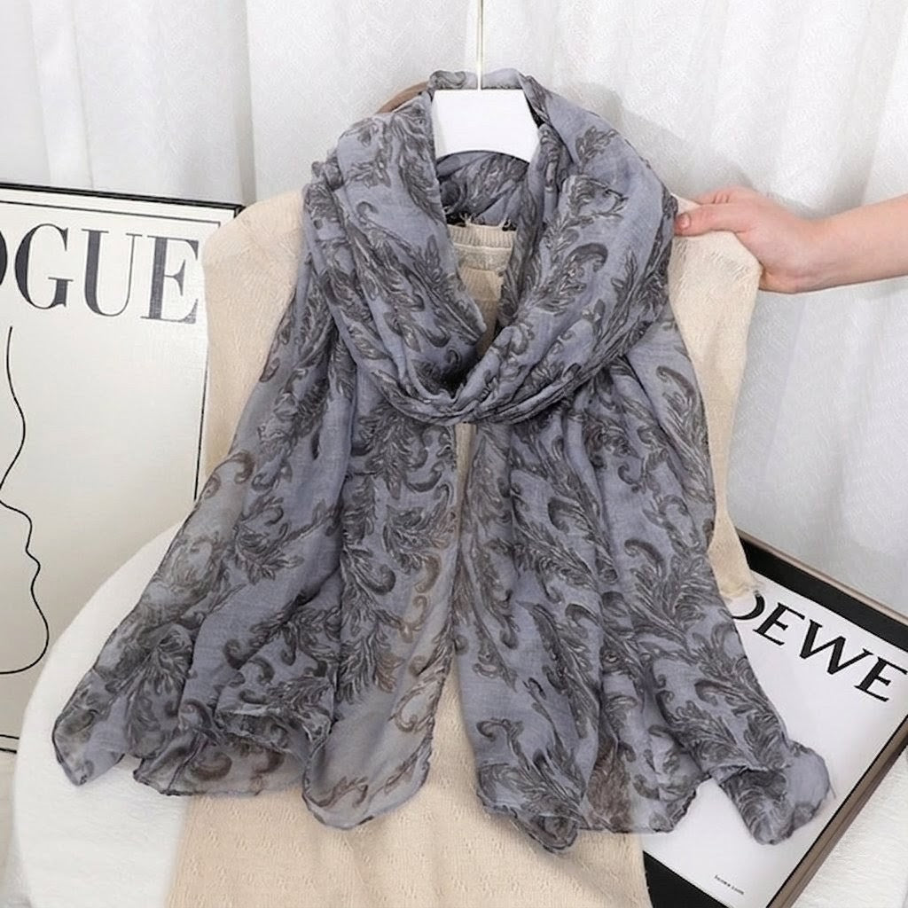 Classy Gray Blue Paisely Printed Soft Lightweight Long Hijab / Orna
