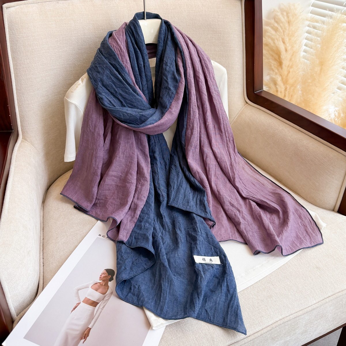 Stunning Light Purple Denim Blue Gradient Color Japanese-Style Imported Wrinkled Cotton Long Hijab / Orna with Contrasting Patchwork