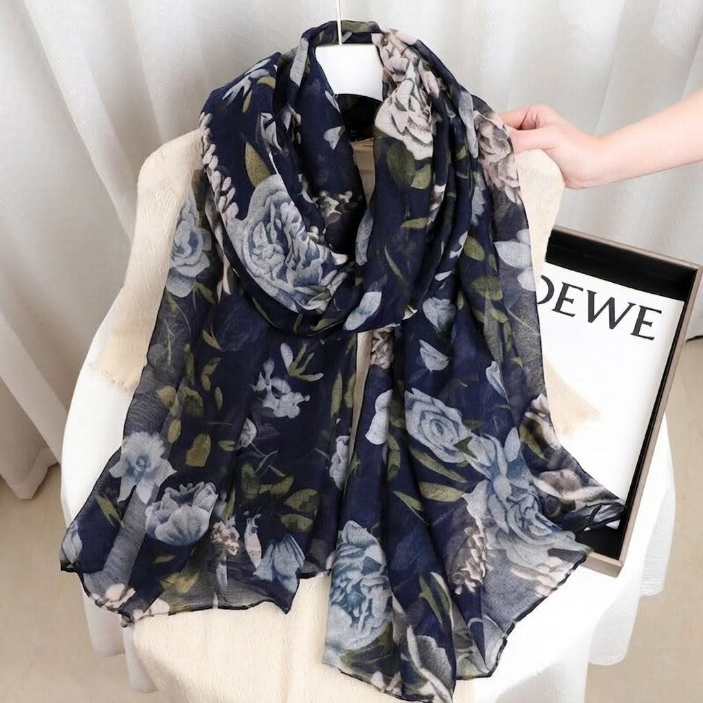 Elegant Navy Blue Color Floral Patterned Soft Lightweight Long Hijab / Orna