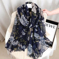 Elegant Navy Blue Color Floral Patterned Soft Lightweight Long Hijab / Orna
