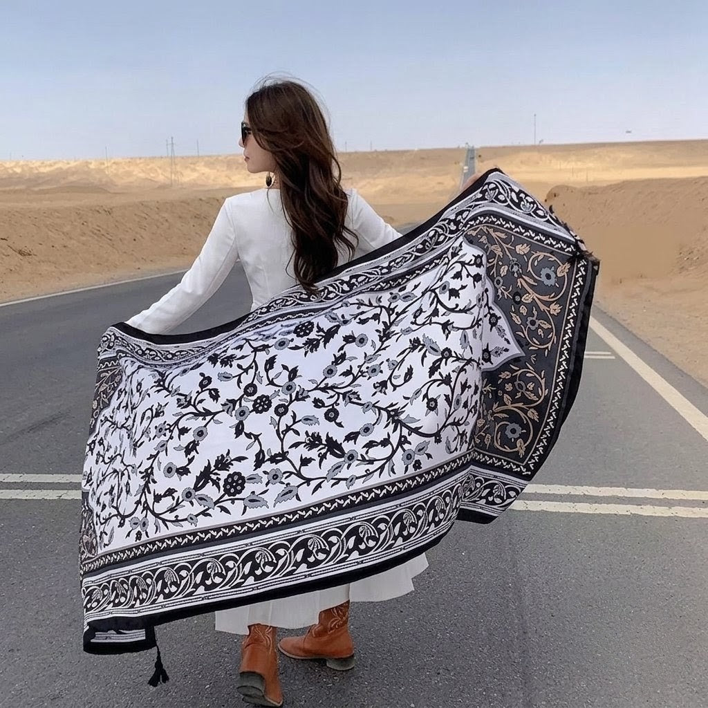 Fashionable Black White Ethnic Style Printed Summer Friendly Long Tassel Hijab / Orna