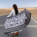 Fashionable Black White Ethnic Style Printed Summer Friendly Long Tassel Hijab / Orna