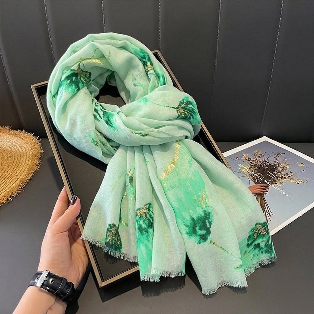 High Quality Imported Long Soft Floral Printed Green Party Hijab / Orna
