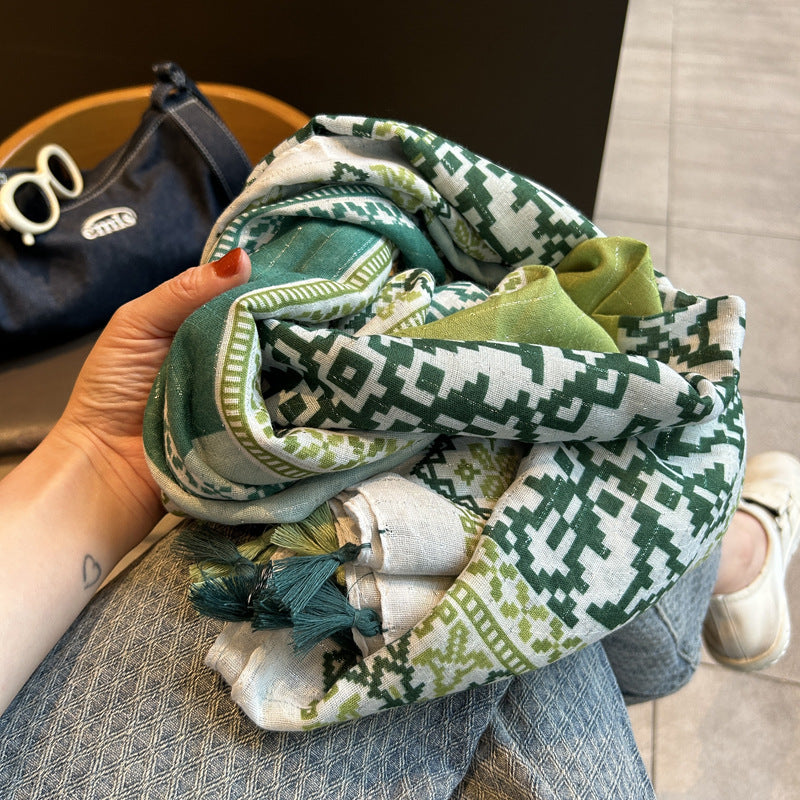 Green colour geometric patterned tassel soft long hijab / orna