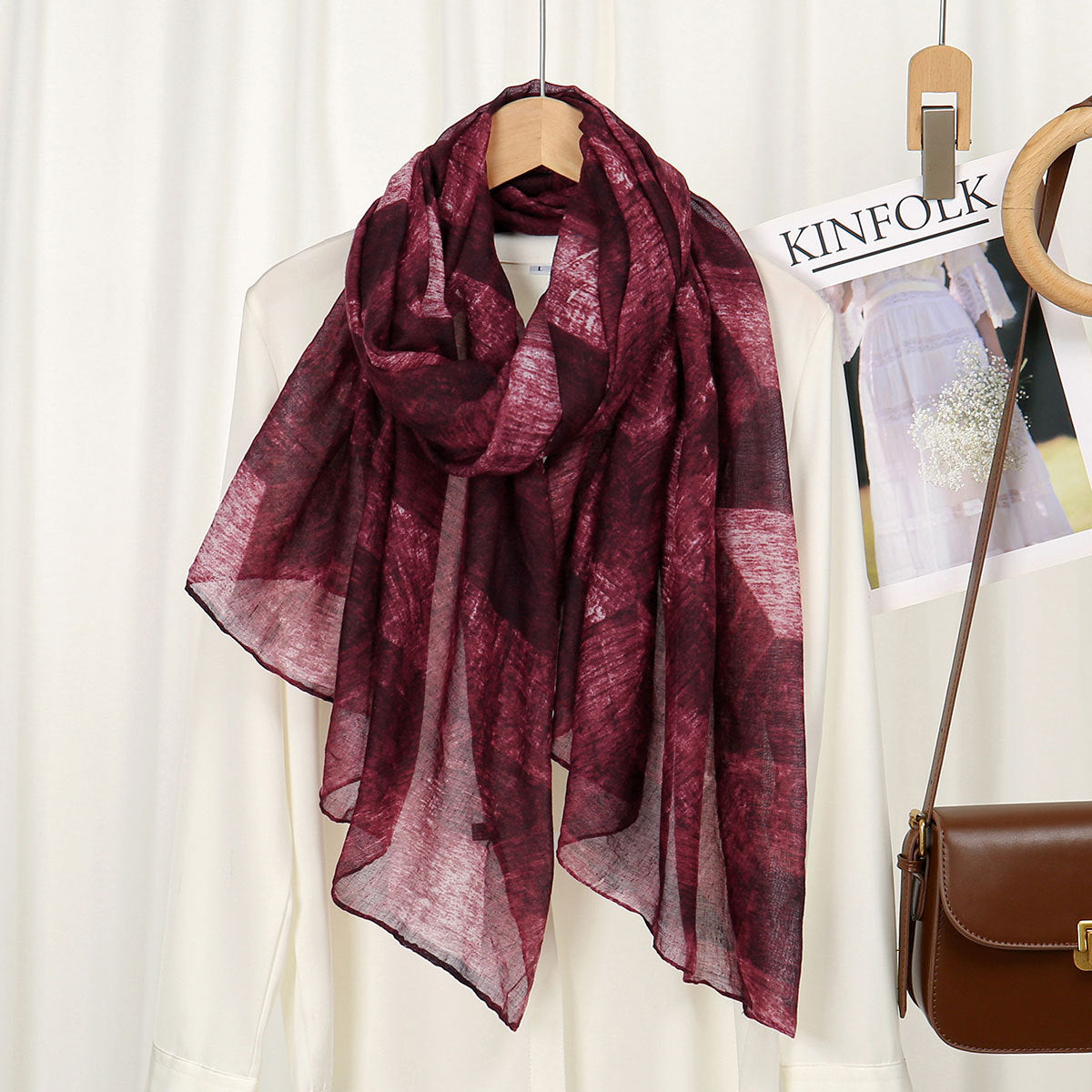 Gorgeous Burgundy Color Vintage Artistic Hexagonal Bahar Print Voile Versatile Imported Long Hijab / Orna