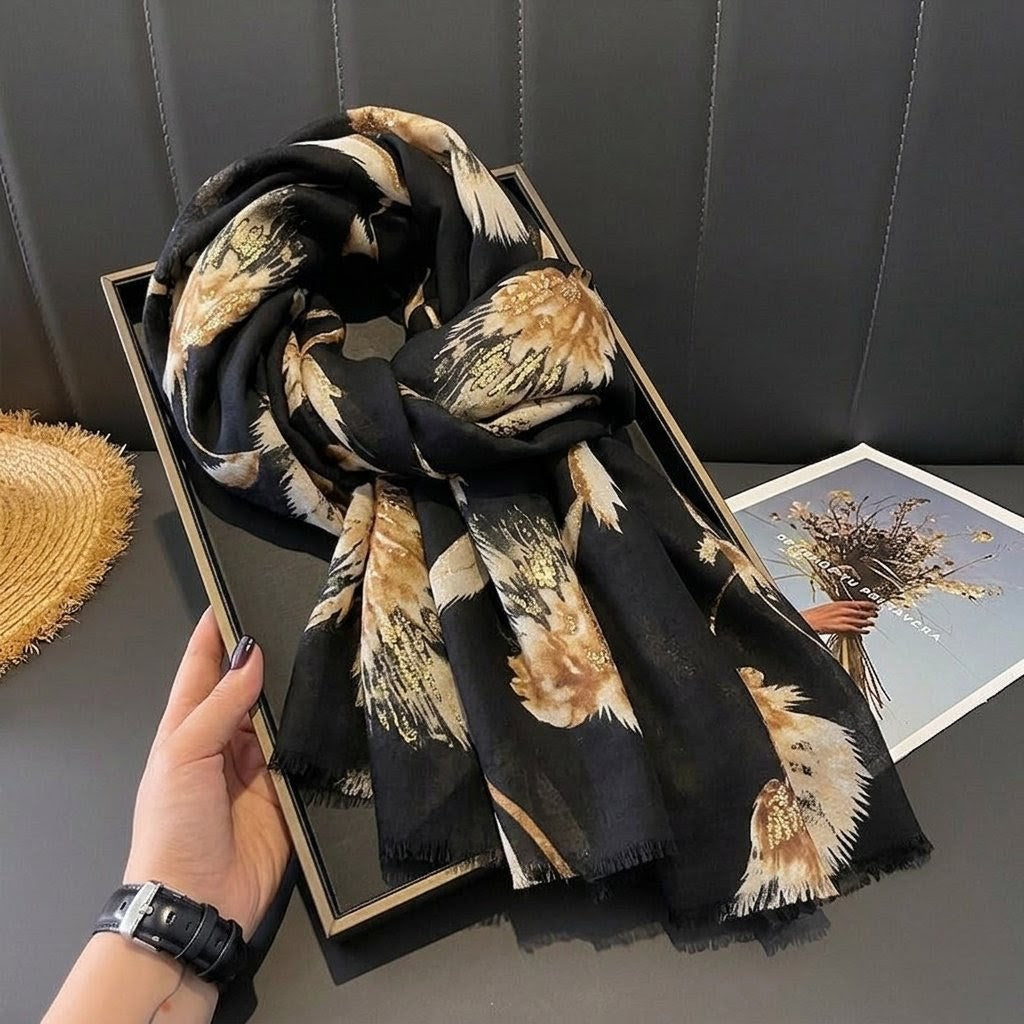 Elegant Black Color High Quality Imported Long Soft Floral Printed Party Hijab / Orna