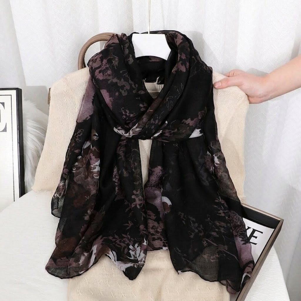 Elegant Black Floral Printed Soft Lightweight Long Hijab / Orna
