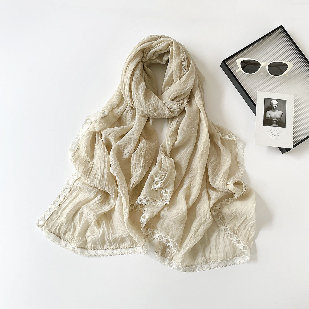 Sophisticated Off White Versatile Artistic Lace Edged Imported Premium Summer Friendly Cotton Hijab / Orna