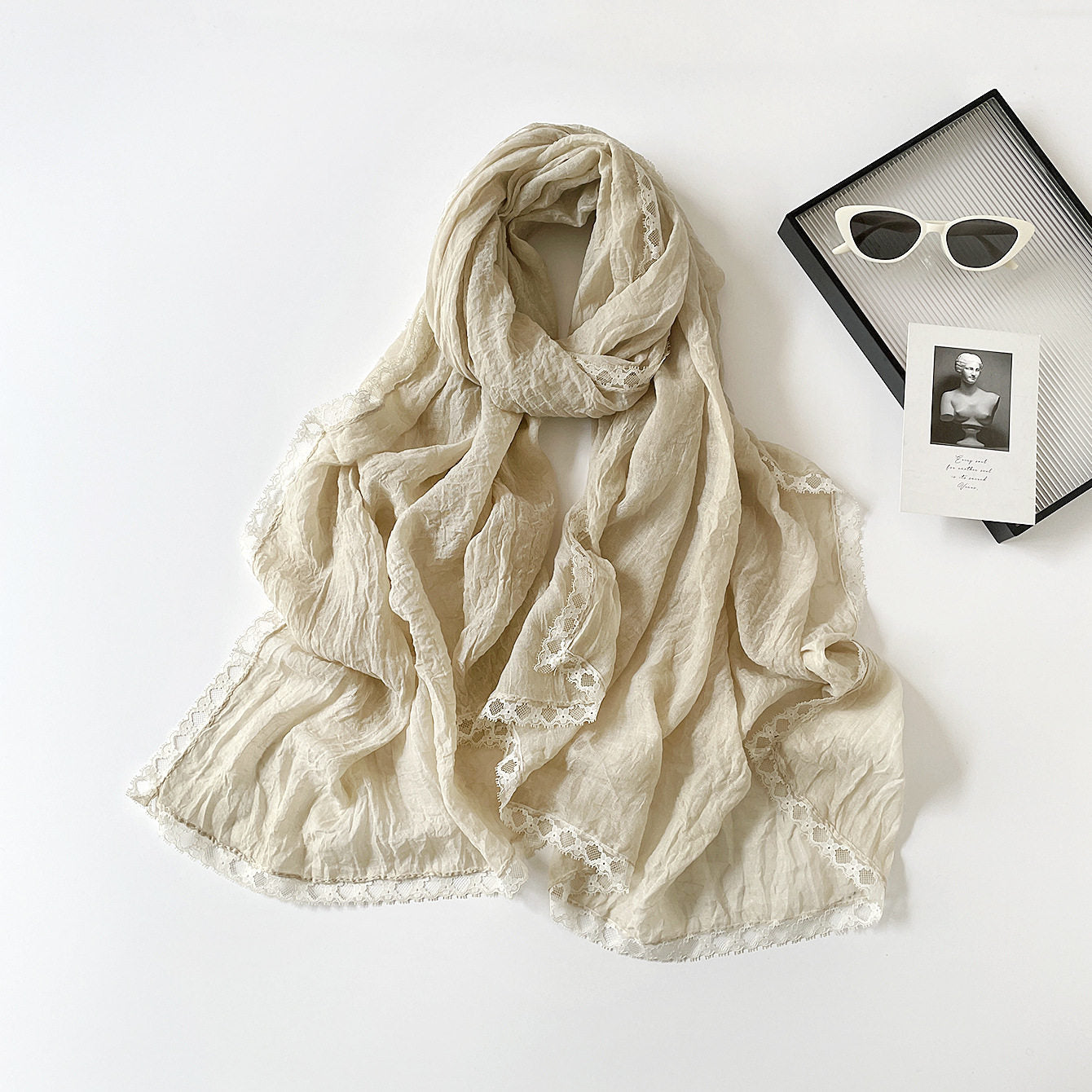 Sophisticated Off White Versatile Artistic Lace Edged Imported Premium Summer Friendly Cotton Hijab / Orna