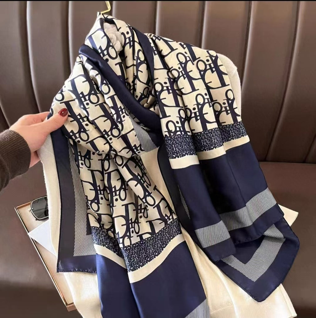 Elegant blue & off white mixed printed silk hijab / orna