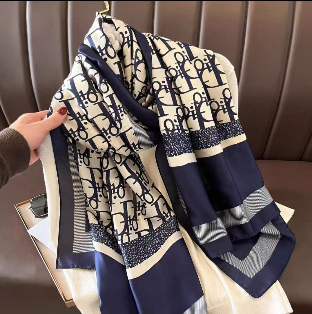 Elegant blue & off white mixed printed silk hijab / orna