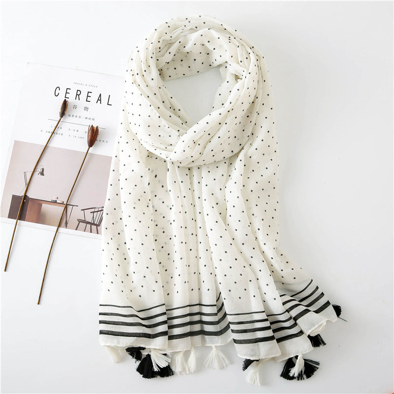 Sophisticated Off White Black Geometric Printed Long Soft Imported Summer Friendly Tassel Hijab / Orna