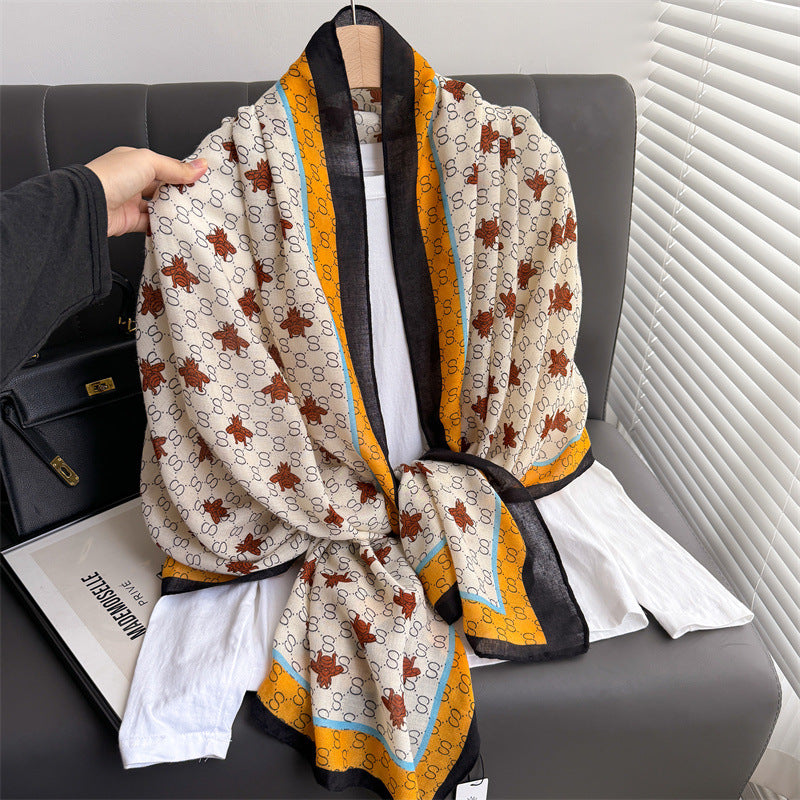 Fashionable Mustard & Ivory Printed Imported Summer Friendly Hijab /Orna