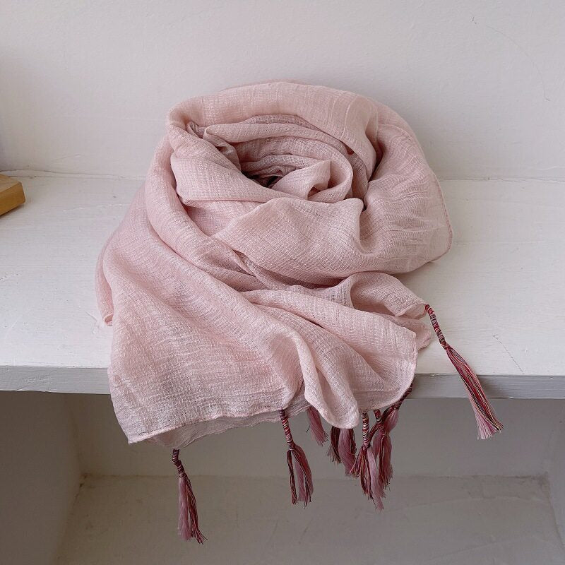 Pretty Pink Color Winding Tassel Cotton Hijab