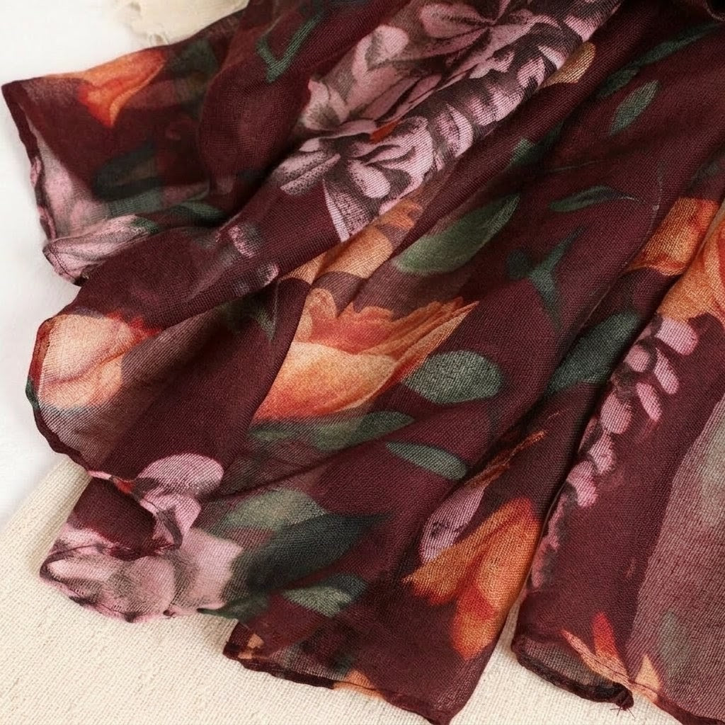 Gorgeous Maroon Color Floral Patterned Soft Lightweight Long Hijab / Orna