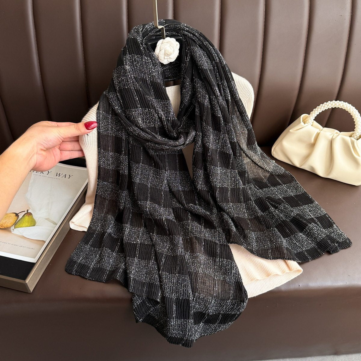 Stunning Black Color Imported Double-Sided Plaid Cotton Scarf with Gold Thread Decorative Casual Versatile Striped