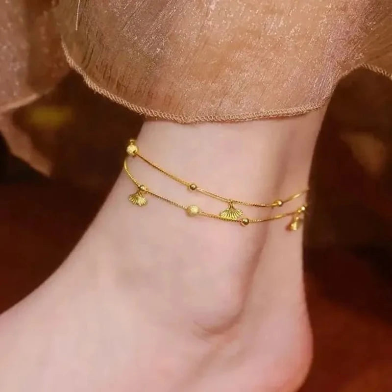 Exquisite Double layered Golden Color Ginkgo Leaf Anklet Chain