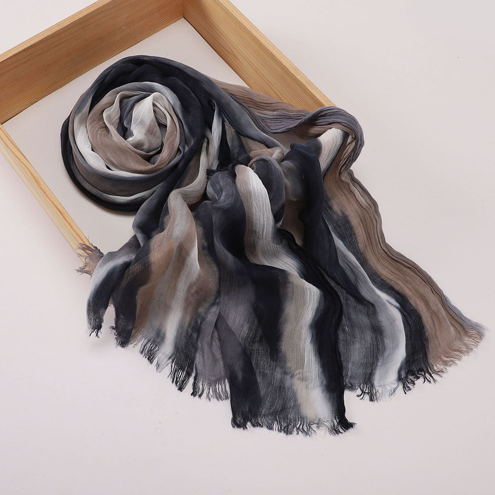 Stylish Black High Quality Tudung Rayon Cotton Scarf Women Girl Ombre Striped Imported Long Crinkle Breathable Printed Hijab / Orna