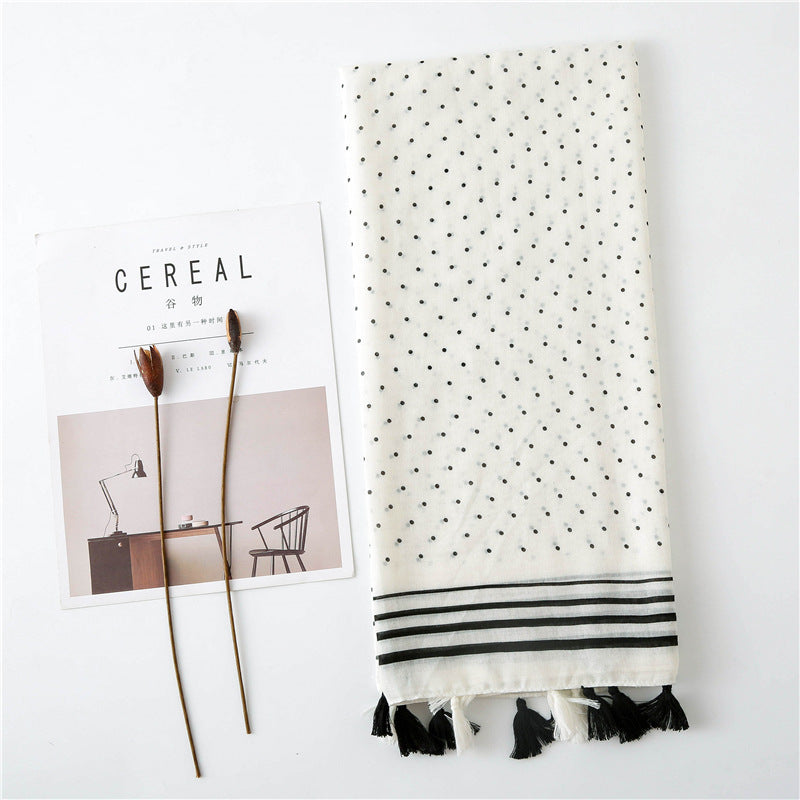 Sophisticated Off White Black Geometric Printed Long Soft Imported Summer Friendly Tassel Hijab / Orna