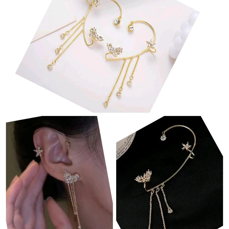 Stylish Sparkling Crystal Flower Ear Cuff Without Piercing Clip Earrings Irregular Tassel Ear Clip ( 1 pair)