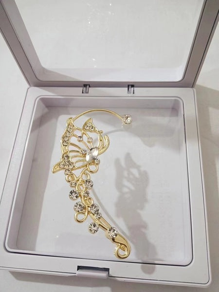 Stunning Golden Color Butterfly Crystal Fairy Ear Cuff Without Piercing Clip Earrings Irregular Ear Clip ( 1 pair)