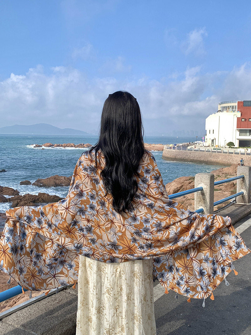Imported Orange Floral Printed Tassel Long Soft Hijab / Orna
