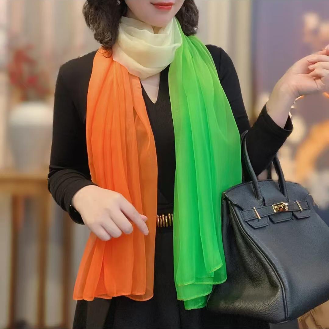 Orange-green gradient long silk scarf