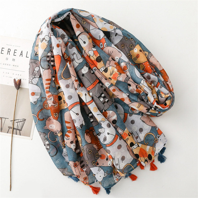 Colorful Cat Printed Soft Long Summer Friendly Tassel Hijab / Orna