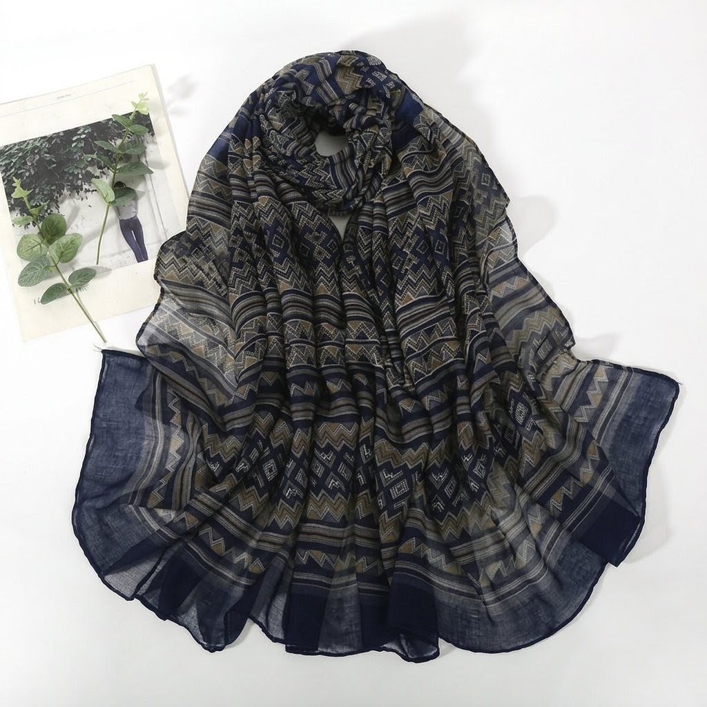 Stunning Navy Yellow Imported Classic Ethnic Style Super Soft Summer Friendly Long Hijab / Orna
