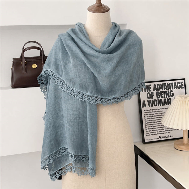 Elegant Dusty Blue Artistic Lace Edged Imported Premium Summer Friendly Cotton Hijab / Orna