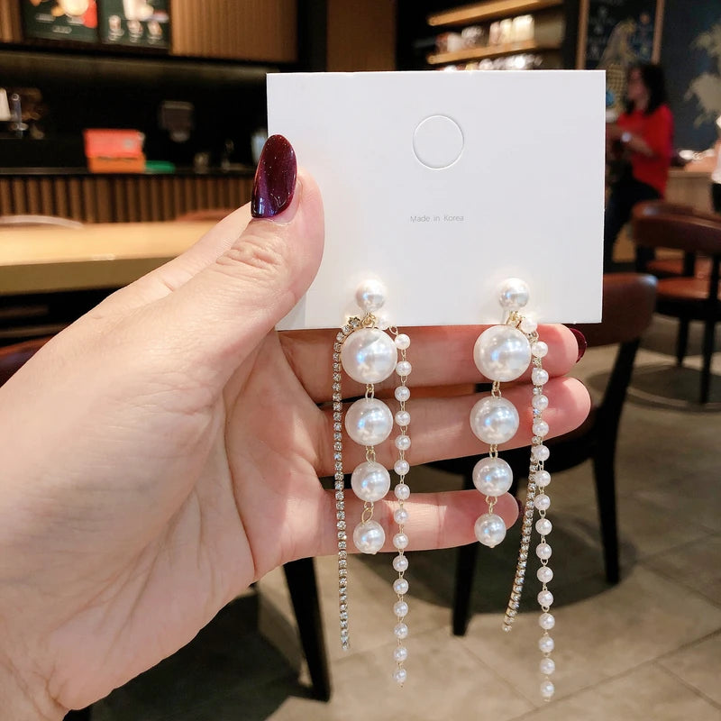 Beautiful pearl long tassel earrings