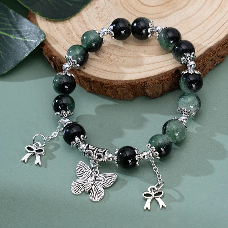Jade Shattered Dark Green Butterfly Double Tassel Bracelet