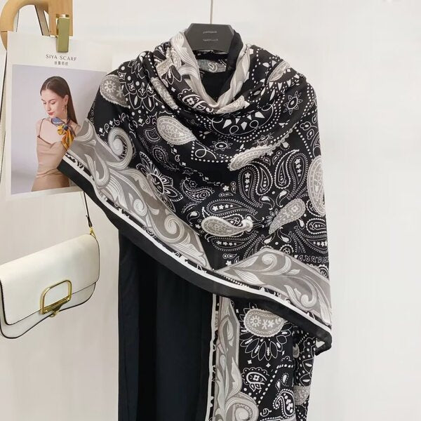 Classy Black Color Imported Summer Friendly Printed Long Hijab / Orna