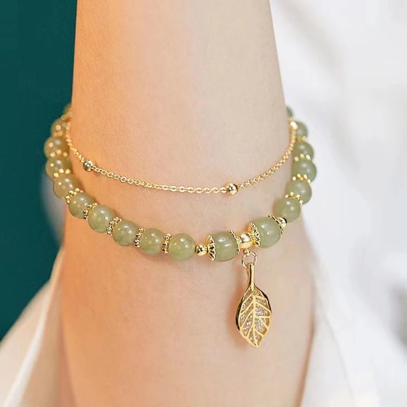 Chinese Style Green Jade Bracelet For Women Exquisite Gold Color Leaves Wrist Strap