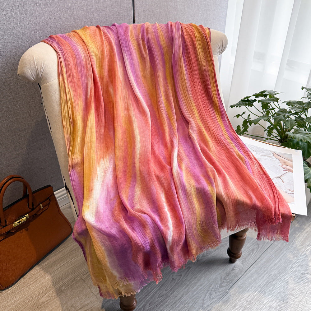 Lovely Orange High Quality Tudung Rayon Cotton Scarf Women Girl Ombre Striped Imported Long Crinkle Breathable Printed Hijab / Orna