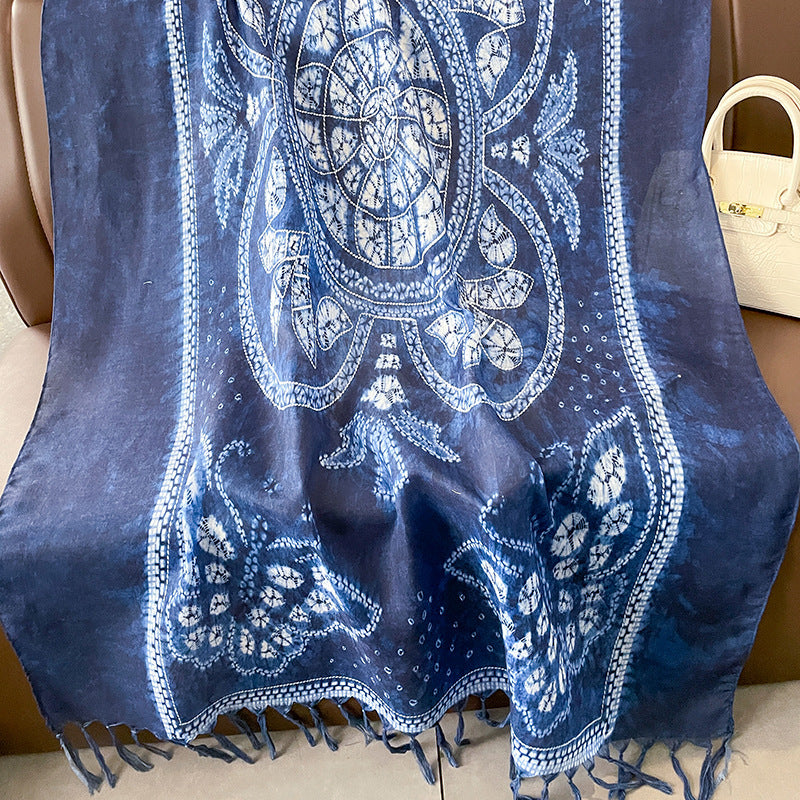 Ethnic Tie-Dye Style Buckle Women's Travel Sun Protection Yunnan Blue and White Literature Art Chinese Scarf / Hijab