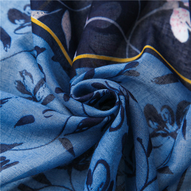 Blue black mixed floral printed tassel soft breathable long hijab / orna