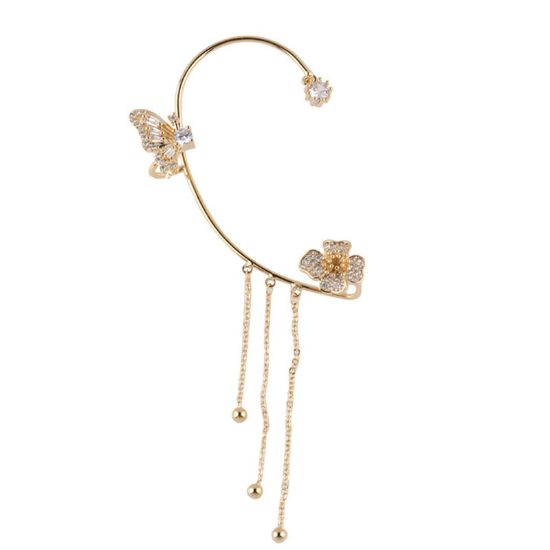 Stunning Sparkling Crystal Flower Ear Cuff Without Piercing Clip Earrings Irregular Tassel Ear Clip ( 1 Pair)