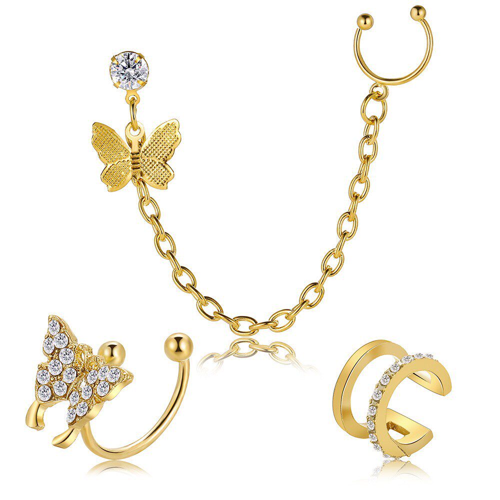Fashionable Rhinestone Butterfly Stud With Clip Earrings Set For Women