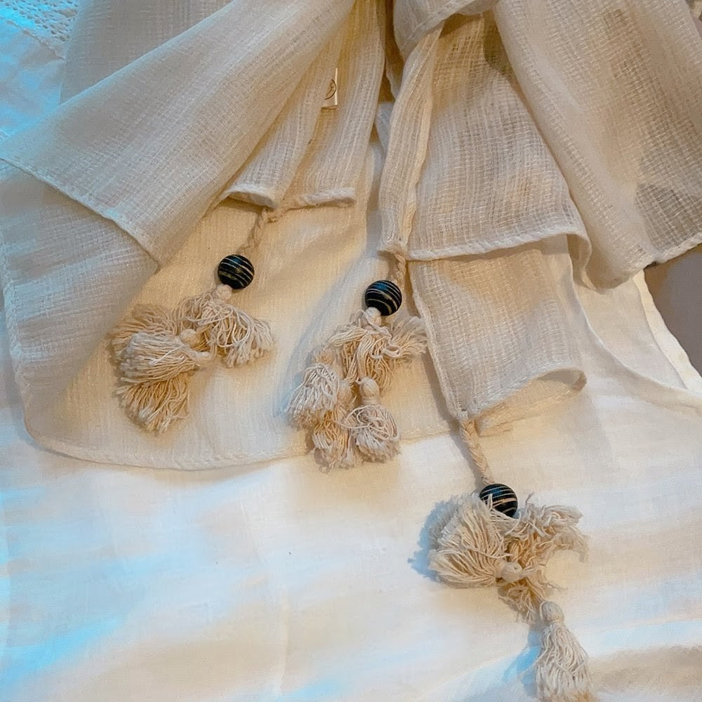 Sophisticated Beige Color Soft Long Summer Friendly Imported Wooden Bead Tassel Cotton Hijab / Orna