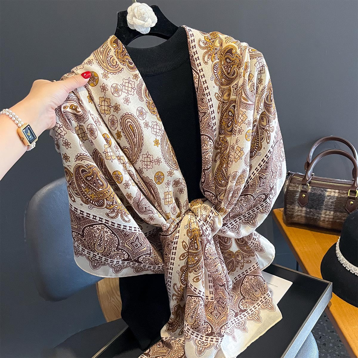 Sophisticated Beige Color Paisley Printed Soft Long Viscose Hijab / Orna