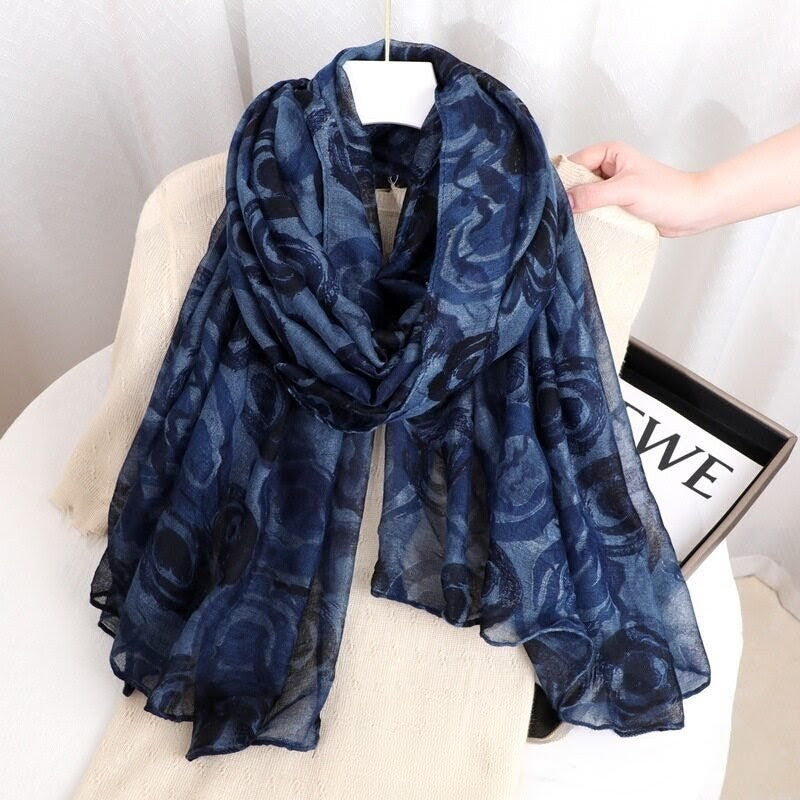 Elegant Dark Blue Color Soft Long Imported Floral Printed Hijab / Orna